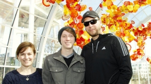 Paige, Caleb and Dad at the Space Needle and Chihuly